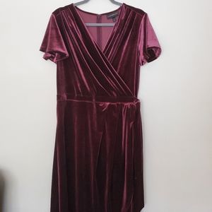 Velvet faux wrap wine dress with flutter sleeves